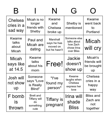 Love is Blind Bingo Reunion Bingo Card