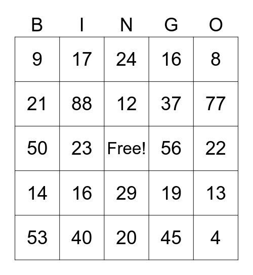 MATH- ADDITION Bingo Card