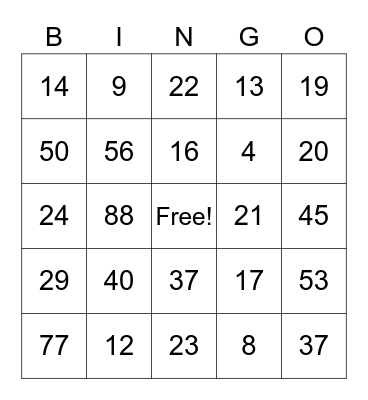 Math Addition Bingo Card