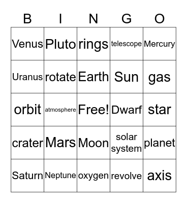 Planets Bingo Card