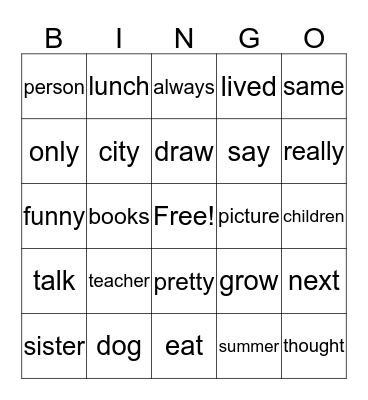Sight Word Bingo Card