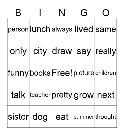 Sight Word Bingo Card
