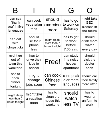 Modal Verbs: Find someone who... Bingo Card