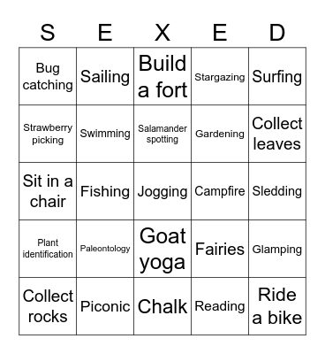 Nature & Outdoor Activities Bingo Card