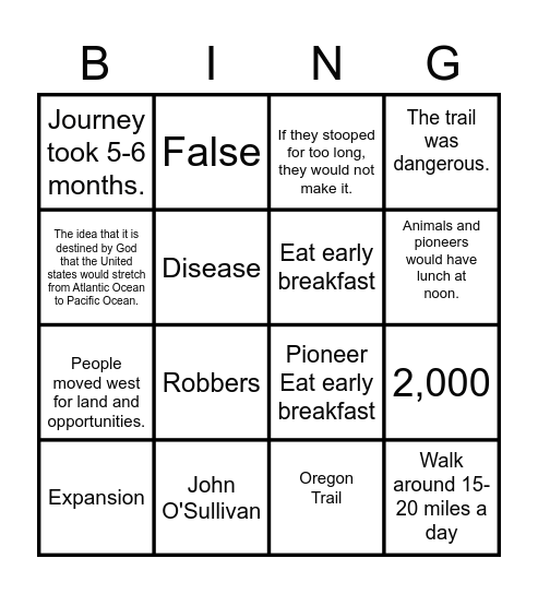 Oregon Trail Bingo Card