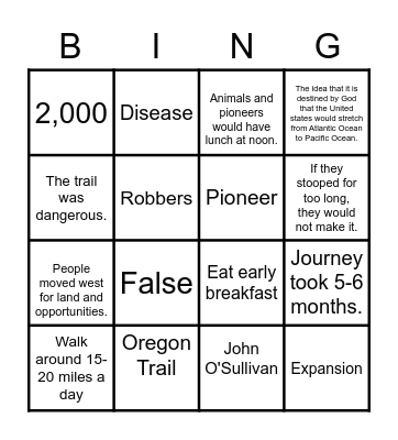 Oregon Trail Bingo Card
