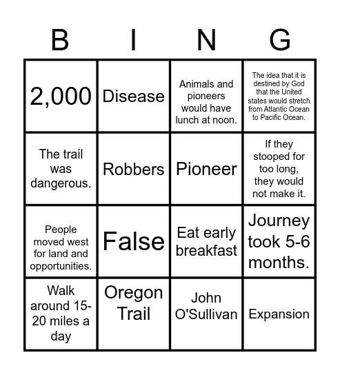 Oregon Trail Bingo Card