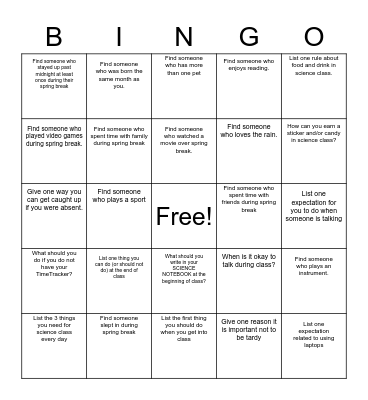 Return from Spring Break Review Bingo Card