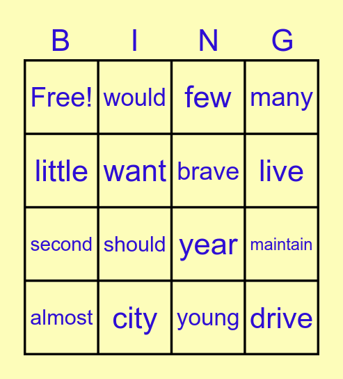 Irregular words Bingo Card
