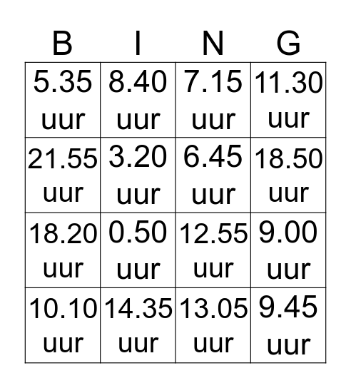 Tijd Bingo Card