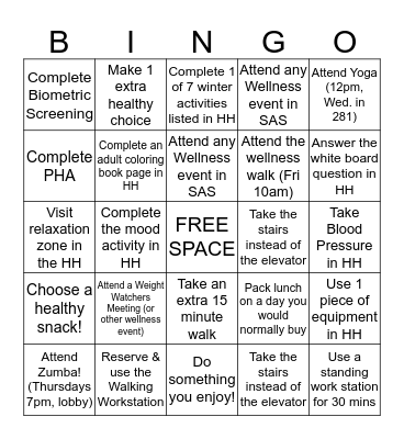 Health Hub Bingo Card