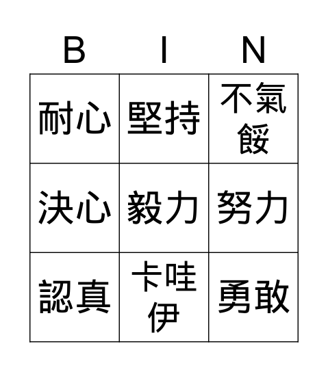 優點Bingo卡 Bingo Card