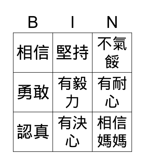 優點Bingo卡 Bingo Card