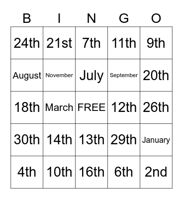 Ordinal Bingo Card