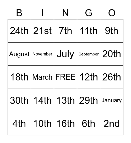 Ordinal Bingo Card