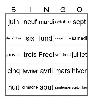 French Vocabulary Review Bingo Card