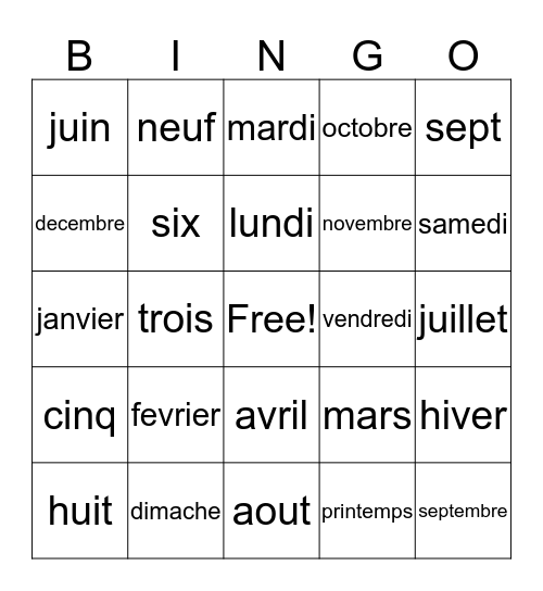 French Vocabulary Review Bingo Card