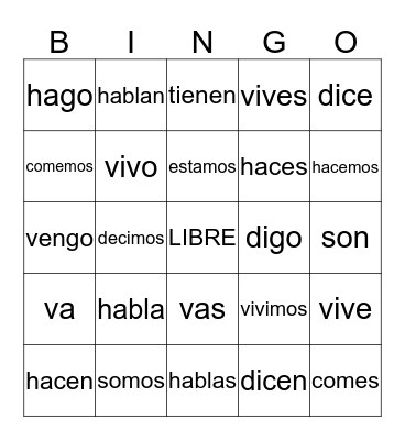 Spanish Verbs Bingo Card