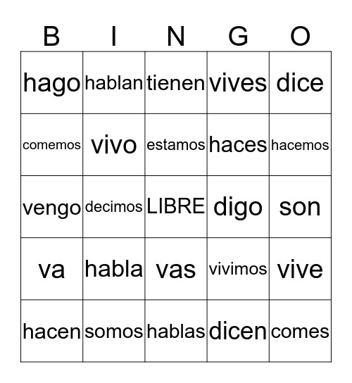 Spanish Verbs Bingo Card