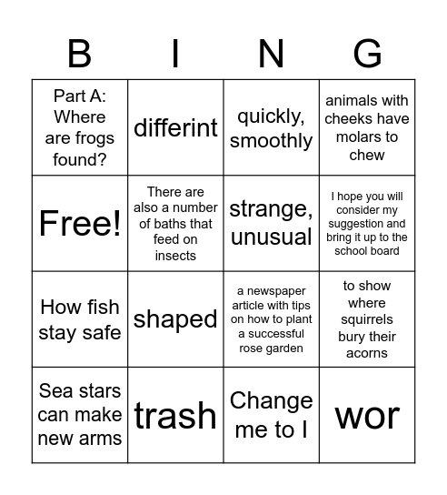 SBA Reading Test Review Bingo Card