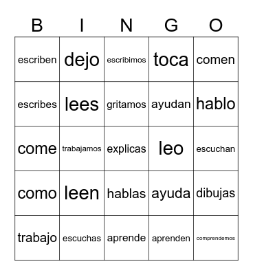present tense ar,er, and ir verbs conjugated Bingo Card