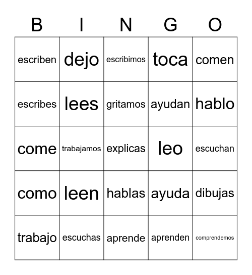 present tense ar,er, and ir verbs conjugated Bingo Card