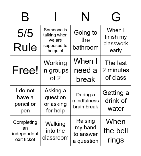 Classroom Procedures Bingo Card