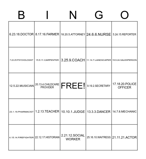 CAREERS Bingo Card