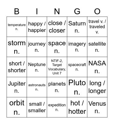 NTIF-2, Target Vocabulary, Unit 7 Bingo Card