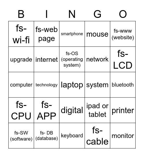 Technology Sign Vocabulary Bingo Card