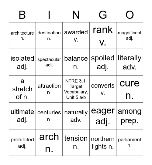 NTRE 3.1, Target Vocabulary, Unit 5 a/b Bingo Card