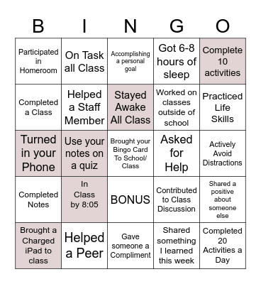 School Success Bingo Card
