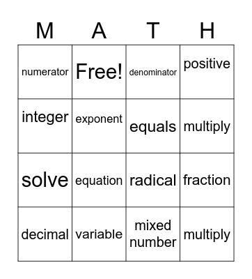 pre-algebra esl terms Bingo Card