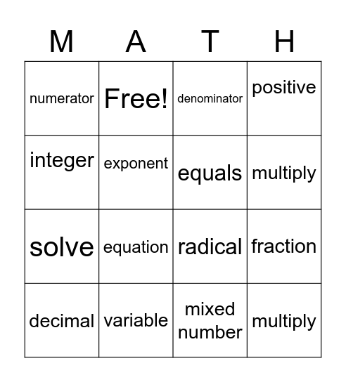 pre-algebra esl terms Bingo Card