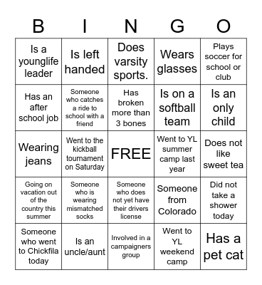 YOUNG LIFE BINGO Card