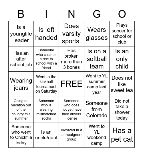 YOUNG LIFE BINGO Card