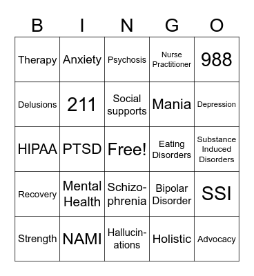 Mental Health Education Bingo Card