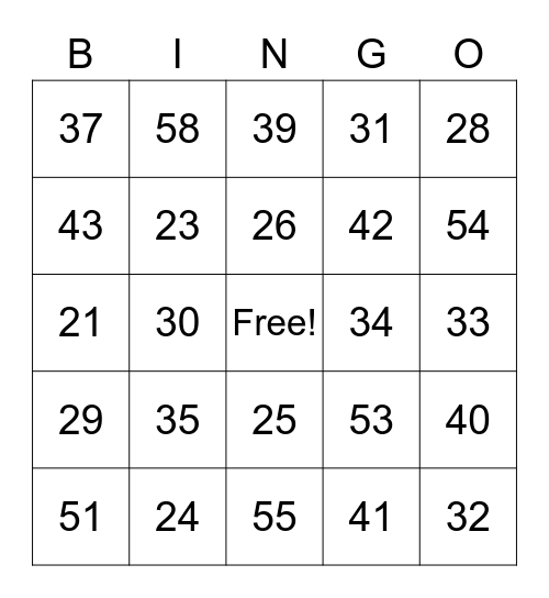 numbers 20-59 Bingo Card