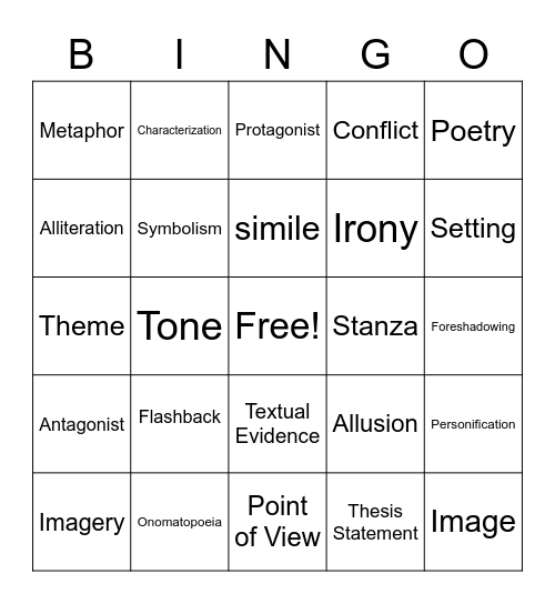 Literary Elements Bingo Card