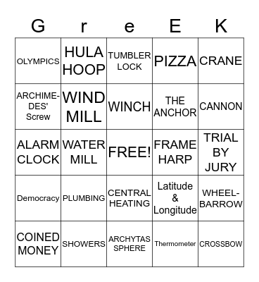 Greek Inventions Bingo Card