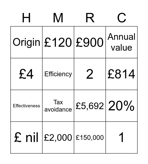 Personal Tax Bingo Card