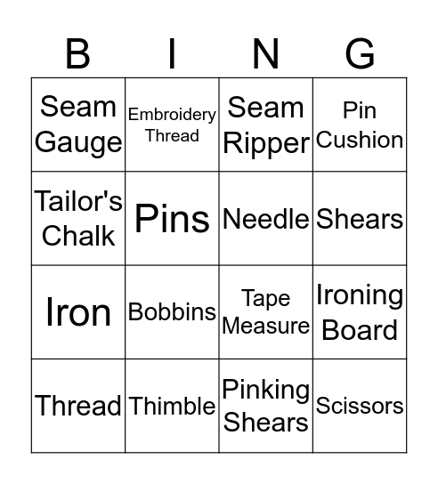 Sewing Equipment Bingo Card