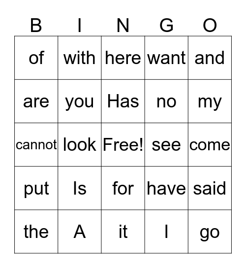 Sight Words   Bingo Card