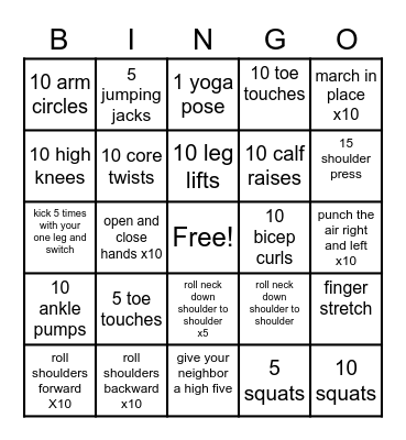 EXERCISE BINGO Card