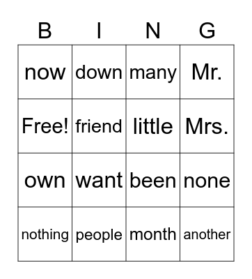 Trick Words Bingo Card
