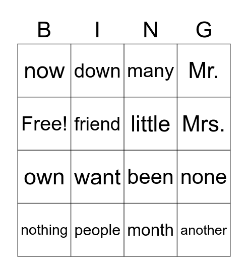 Trick Words Bingo Card