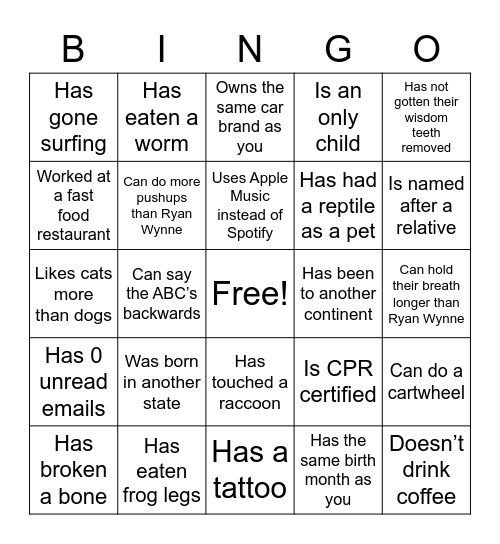 Human Bingo 1 Bingo Card