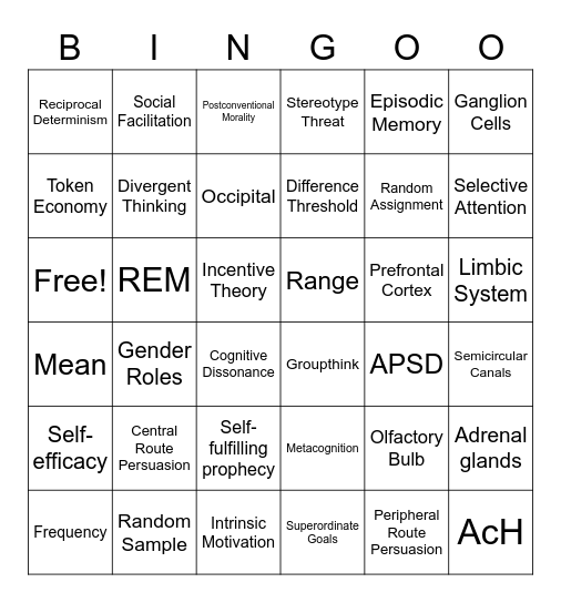 AP Psychology Review Bingo Card