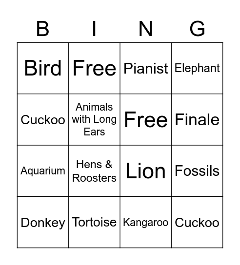 Carnival of the Animals Bingo Card