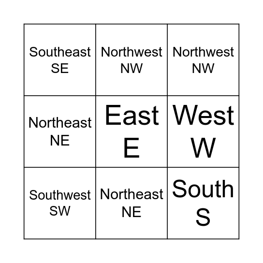 Compass Rose Directions Bingo Card